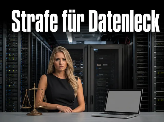 Serverraum mit Justitia-Waage und Laptop als Sinnbild fuer eine Strafe nach einem Datenleck
