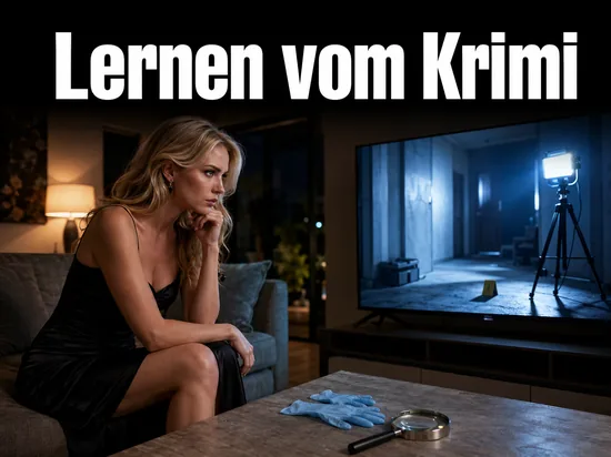 Frau vor dem Fernseher mit Krimi-Tatortszene, Gummihandschuhen und Lupe auf dem Tisch: Straftaeter lernen aus Fernsehserien