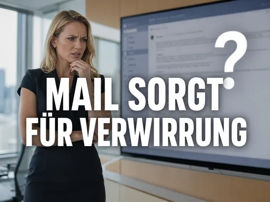 Irritierte blonde Geschäftsfrau vor einem Bildschirm mit geöffneter E-Mail und großem Fragezeichen als Symbol für eine missverständliche Kunden-E-Mail