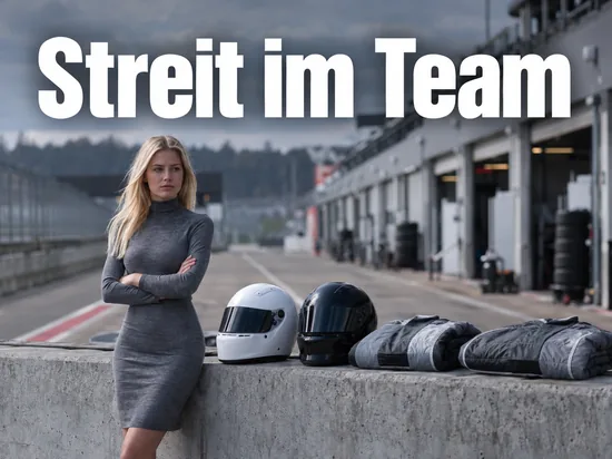Zwei Rennhelme auf einer Betonmauer an der Boxengasse, eine Frau lehnt daneben