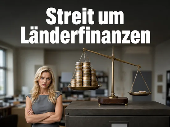 Frau steht neben einer Balkenwaage mit ungleich verteilten Muenzstapeln