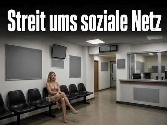 Frau sitzt allein im Wartebereich eines Amtes auf einer Stuhlreihe