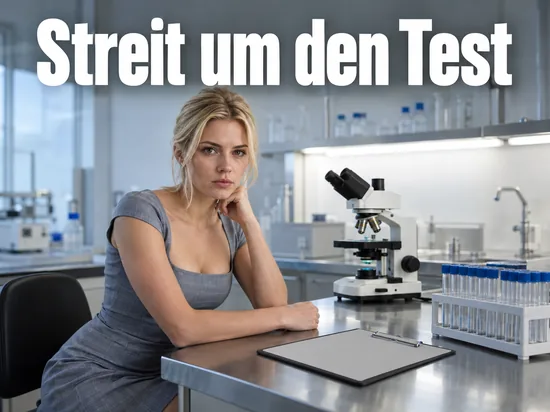 Frau im Kleid sitzt an einer Laborbank mit Probenroehrchen und Mikroskop