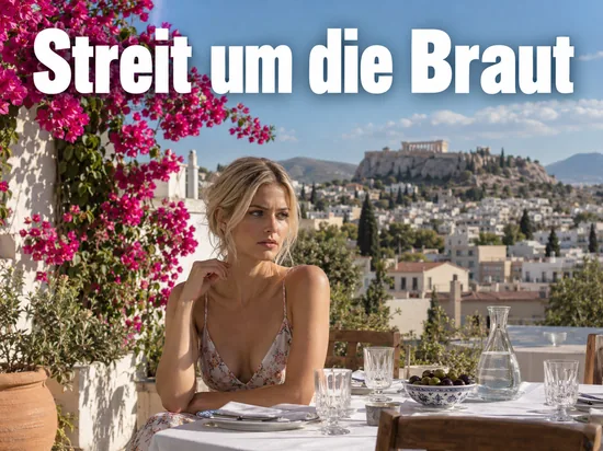 Frau sitzt an einem gedeckten Tisch auf einer Terrasse in Athen, im Hintergrund die Stadt