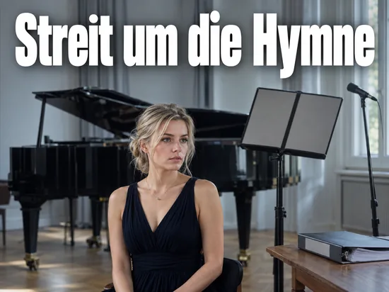 Frau in einem Musikraum mit Fluegel, Notenstaender und Mikrofon