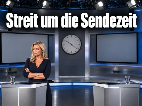 Frau steht mit verschränkten Armen zwischen zwei Pulten in einem Nachrichtenstudio