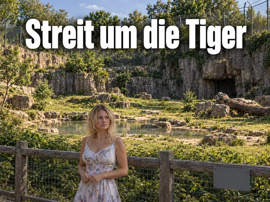 Frau im Kleid steht am Zaun eines leeren Freigeheges mit Felsen und Wasserstelle