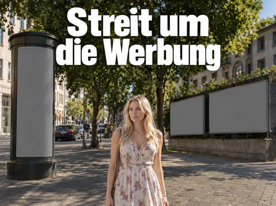 Frau geht an einer Litfaßsäule und leeren Plakatwänden vorbei