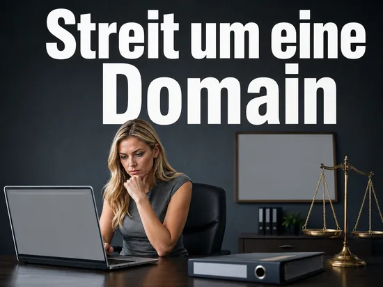 Schreibtisch mit Laptop, Aktenordner und Messingwaage