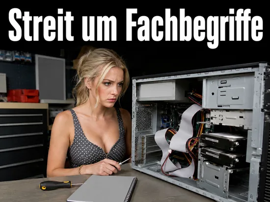 Geoeffnetes Computergehaeuse mit Festplatten und Kabeln auf einem Werkstatttisch