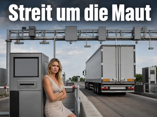 Mautbruecke ueber der Autobahn mit LKW und Mautterminal
