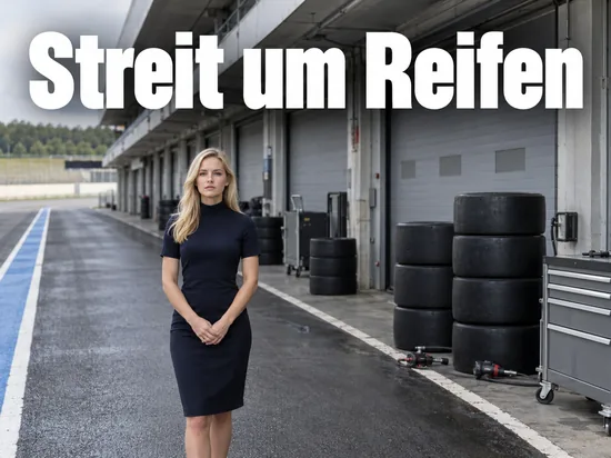 Leere Boxengasse mit Stapeln von Rennreifen, eine Frau steht davor