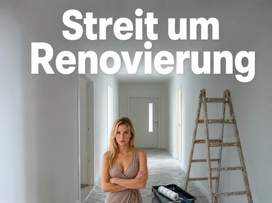 Leerer Wohnungsflur mit Malerrolle, Abdeckfolie und Trittleiter