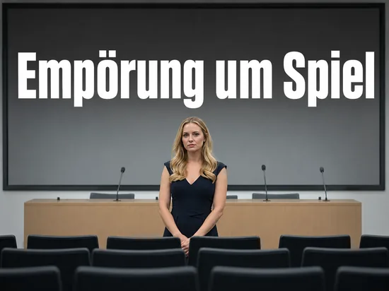 Presseraum mit Rednerpult, Mikrofonen und grauer Leinwand