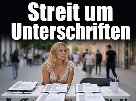 Frau sitzt an einem Stand mit Unterschriftenlisten in einer Fussgaengerzone