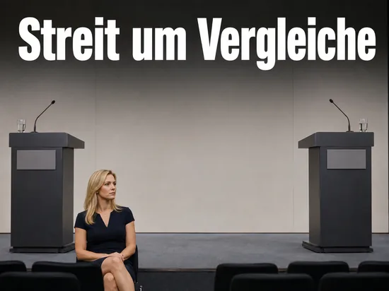 Frau sitzt vor zwei leeren Rednerpulten in einem Saal