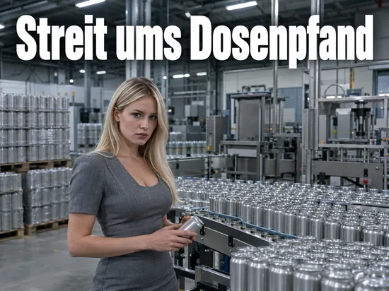 Frau mit blanker Getraenkedose in einer Abfuellhalle voller unbedruckter Dosen