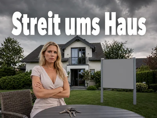 Einfamilienhaus mit Vorgarten, Hinweistafel und Schluesselbund auf dem Gartentisch