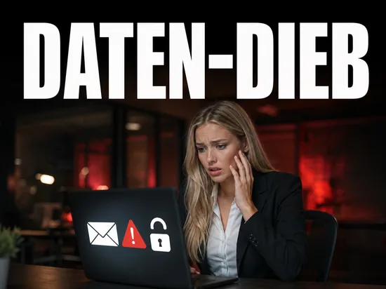 Blonde Geschaeftsfrau blickt alarmiert auf Laptop mit E-Mail-Warnsymbol und offenem Schloss, Schriftzug Daten-Dieb