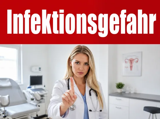 Junge blonde Frauenaerztin mit ernstem Gesichtsausdruck hebt mahnend den Finger als Symbol fuer Gesundheitsrisiken