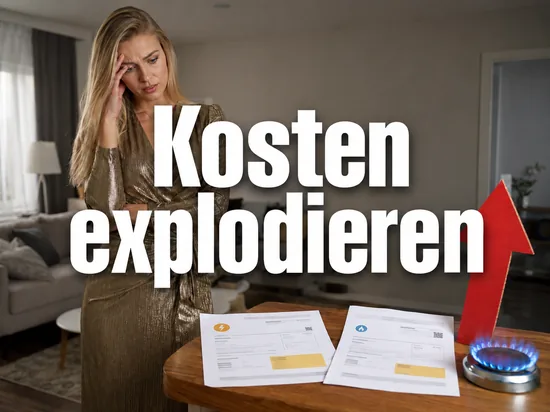 Strom- und Gasrechnung mit hohen Betraegen, roter Pfeil nach oben und Gasflamme auf einem Tisch, davor eine Frau mit besorgtem Blick