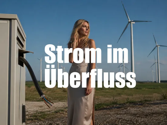 Windraeder-Feld und ein Stromverteilerkasten mit offen haengendem Kabel, davor eine Frau mit nachdenklichem Blick