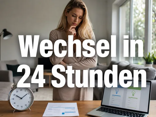 Laptop mit Stromtarif-Vergleich, ein Wecker und eine Stromrechnung auf einem Tisch, davor eine Frau