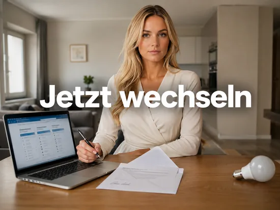 Laptop mit Tarifvergleich, unterschriebener Kuendigungsbrief und Gluehbirne auf einem Tisch, davor eine Frau mit Stift