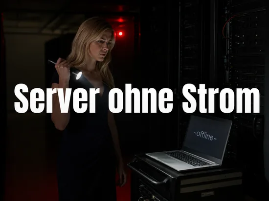 Dunkler Serverraum mit rotem Notlicht und einem Laptop mit Offline-Fehlermeldung, davor eine Frau mit Taschenlampe