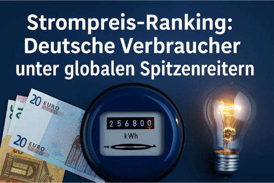Stromzähler mit Euro-Banknoten und leuchtender Glühbirne vor blauem Hintergrund, dazu die Headline Strompreis-Ranking: Deutsche Verbraucher unter globalen Spitzenreitern.
