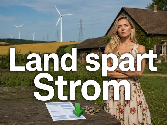 Bauernhaus mit Windraedern und Stromleitungen, davor auf einem Gartentisch eine Stromrechnung mit gruenem Pfeil nach unten und Muenzen, dahinter eine Frau