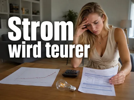 Stromrechnung, Diagramm mit steigender Kurve, Taschenrechner und Gluehbirne auf einem Tisch, davor eine Frau mit sorgenvollem Blick