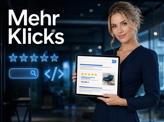Blonde Frau im dunkelblauen Kleid hält ein Tablet mit Google-Suchergebnis, das Sterne und ein Produktbild als Rich Snippet zeigt