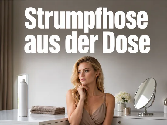 Kosmetiktisch mit einer schlichten Spraydose als Symbol fuer eine Strumpfhose zum Aufspruehen