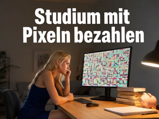 Frau vor einem Monitor mit buntem Pixelraster neben Buechern und Sparschwein, Schriftzug Studium mit Pixeln bezahlen