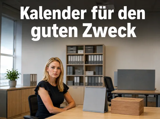 Studentin im Hochschulbüro mit Tischkalender und Spendenbox