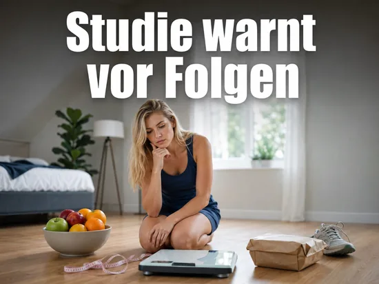 Frau neben Personenwaage, Obstschale und Massband, Schriftzug Studie warnt vor Folgen
