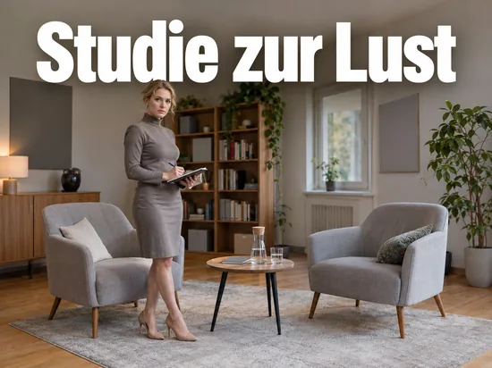 Blonde Frau im hochgeschlossenen Kleid mit Notizblock in einem hellen Beratungsraum mit zwei Sesseln und Bücherregal, darüber der Schriftzug Studie zur Lust