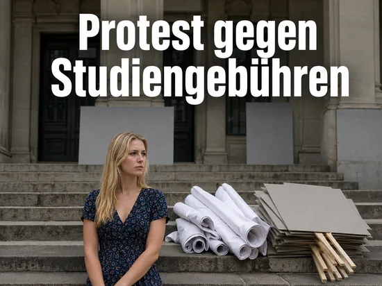 Studentin auf den Stufen einer Universität mit unbeschrifteten Transparenten