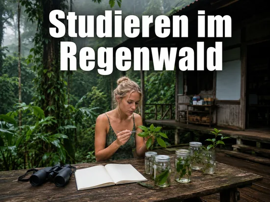 Studentin an einer Forschungsstation im Regenwald mit Pflanzenproben