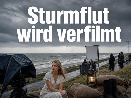 Dreharbeiten an einem Deich bei Sturm mit Filmkamera unter Regenplane und Sandsaecken