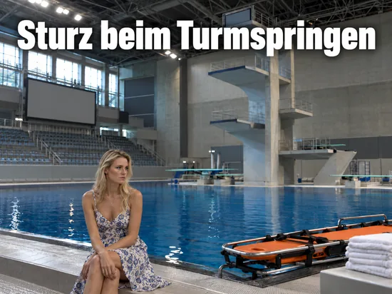 Frau am Beckenrand einer Schwimmhalle mit Sprungturm und Rettungstrage