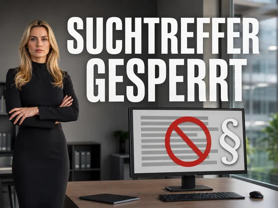Blonde Frau vor Monitor mit abgedeckten Suchtreffern, Verbotszeichen und Paragraphenzeichen, Schriftzug Suchtreffer gesperrt