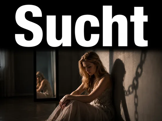 Junge blonde Frau sitzt bedrueckt allein im Halbdunkel, ihr Schatten zeigt eine Kette als Symbol fuer Sucht und Abhaengigkeit