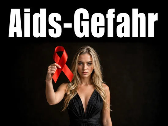 Junge blonde Frau mit ernstem warnendem Gesichtsausdruck haelt eine rote Aids-Schleife als Symbol fuer die Aids-Gefahr