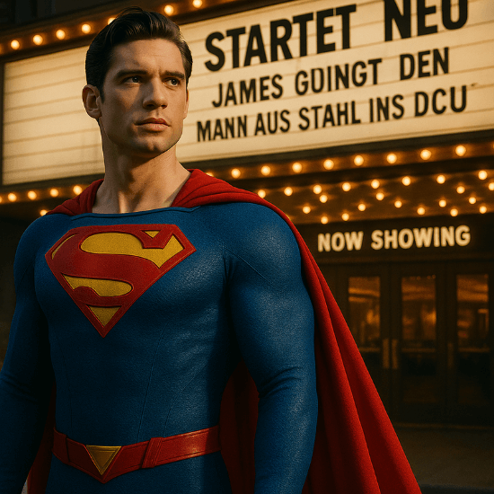 Superman steht im Superheldenanzug mit rotem Cape vor einem Kino mit beleuchtetem Schriftzug. Das Kino zeigt den neuen Superman-Film von James Gunn an. 