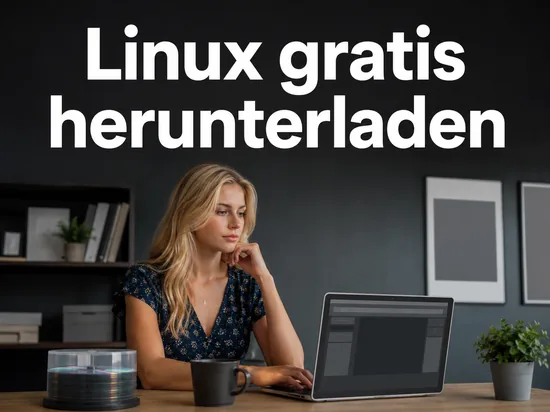 Laptop mit leerer Konsolenoberflaeche und gebrannten CDs als Symbol fuer einen kostenlosen Linux-Download