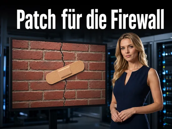 Geschaeftsfrau im Serverraum vor einem Bildschirm mit gerissener Mauer und Pflaster als Symbol fuer den Patch gegen die Symantec-Firewall-Luecke