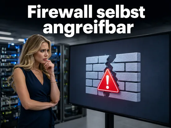 Besorgte Geschaeftsfrau im Serverraum vor einem Bildschirm mit gerissener Firewall-Mauer als Symbol fuer schwere Sicherheitsluecken in Symantec-Firewalls