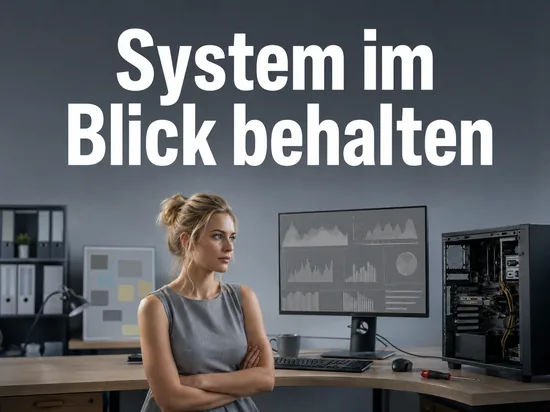 Monitor mit leeren Diagrammen neben einem offenen Computergehaeuse als Symbol fuer ein Tool zur Systemueberwachung